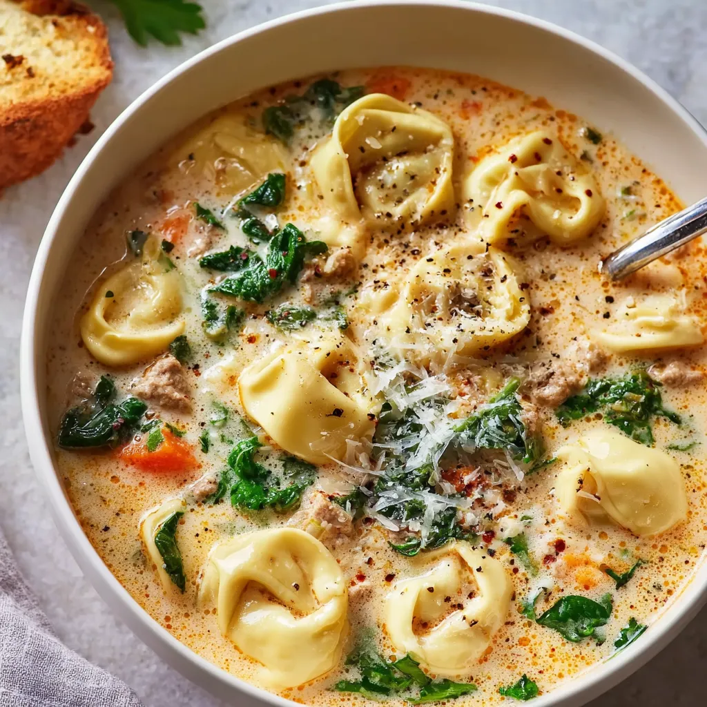 Creamy tortellini soup simmers in a pot, ready to be served, showcasing a delicious one-pot meal.
