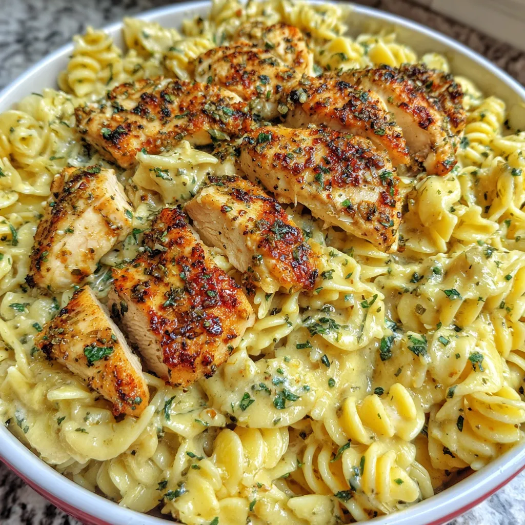 Close-up view of creamy garlic parmesan chicken pasta, showcasing the tender chicken and rich sauce, perfect for an easy 30-minute weeknight dinner.