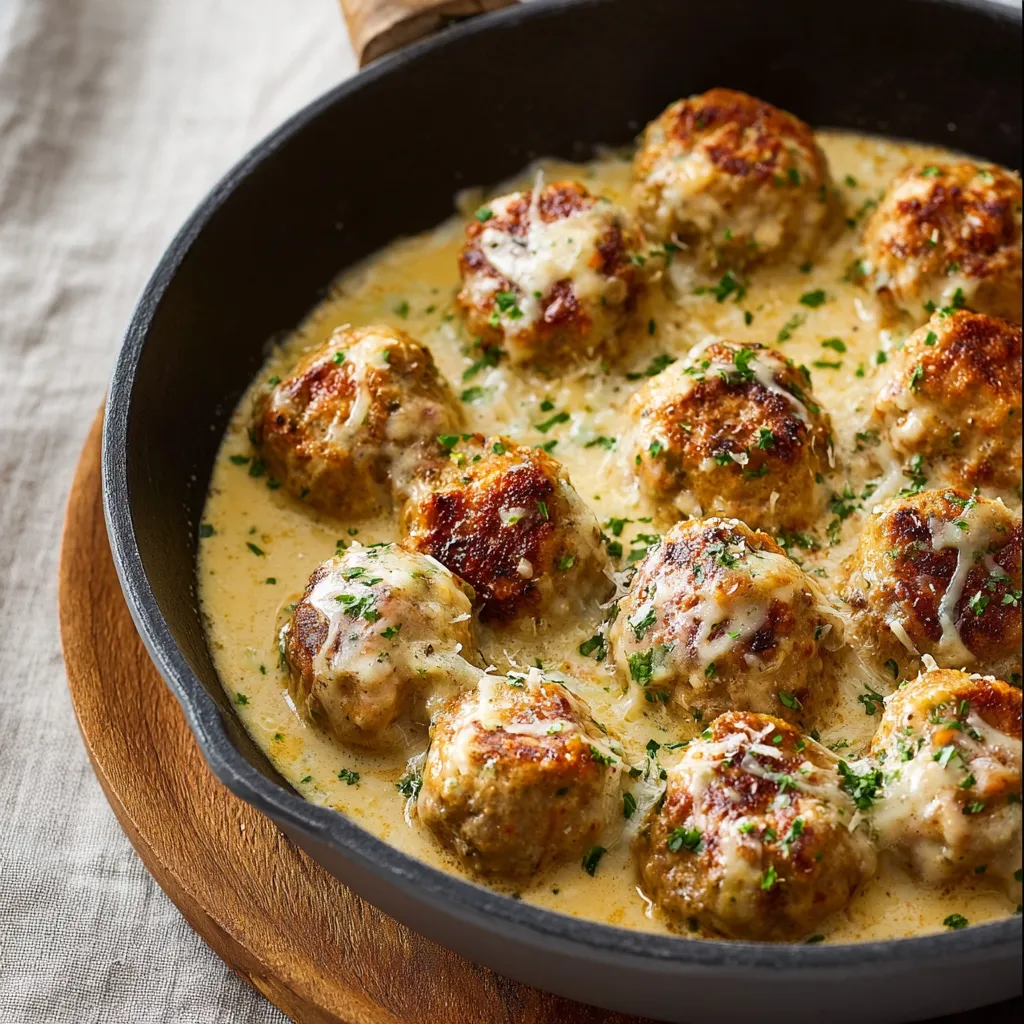 Creamy Parmesan Turkey Meatballs are showcased in this easy dinner recipe's second image, offering a closer look at the delicious dish.
