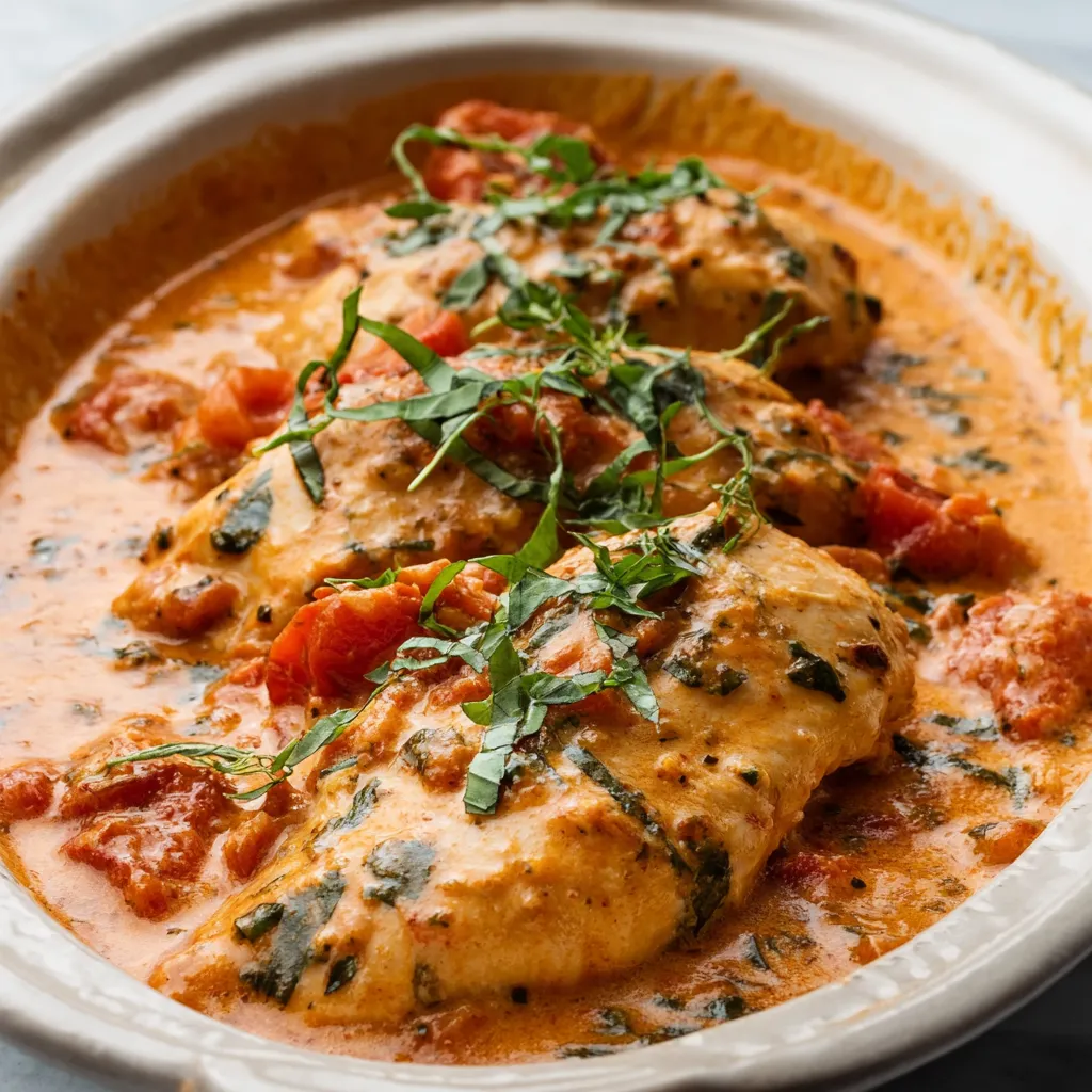 Slow cooker creamy tomato basil chicken simmers to perfection, offering an irresistible comfort food option easily prepared.