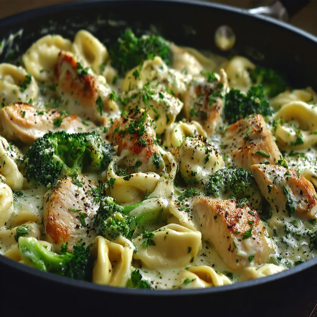 Creamy Tortellini with Chicken and Broccoli, a delicious and easy pasta dish, is pictured in a serving bowl, showcasing its creamy sauce and vibrant green broccoli.