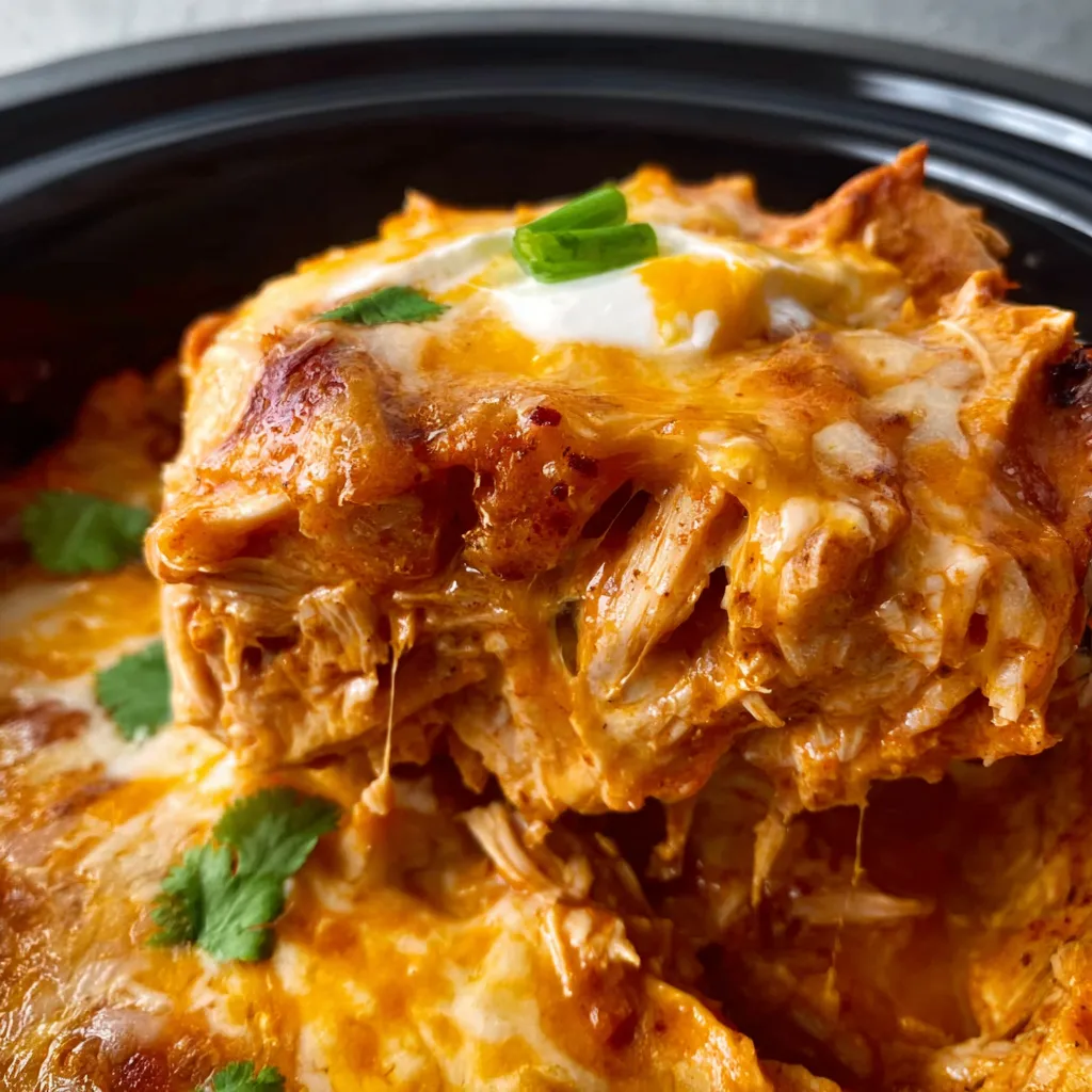 Hearty Crockpot chicken enchilada casserole, a comforting and delicious meal, is shown assembled in a slow cooker, ready to be cooked for an easy and satisfying dinner.