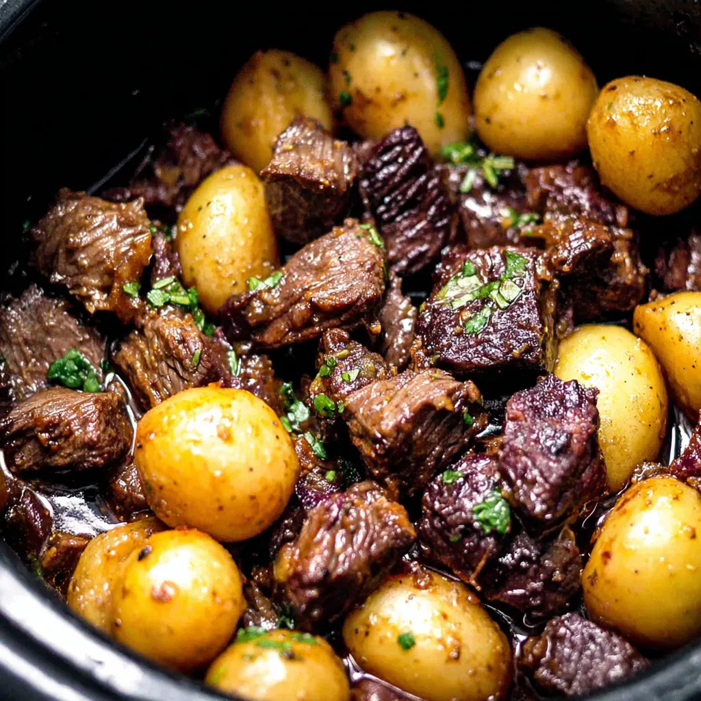 Crockpot Garlic Butter Beef Bites with Potatoes are shown finished and ready to serve, highlighting the tender beef and golden potatoes.