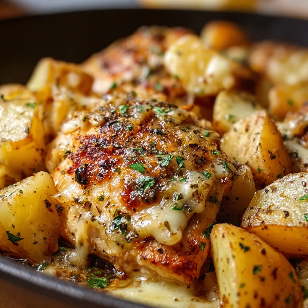 Creamy crockpot garlic parmesan chicken and potatoes are shown plated and ready to eat, highlighting the tender chicken and flavorful sauce.
