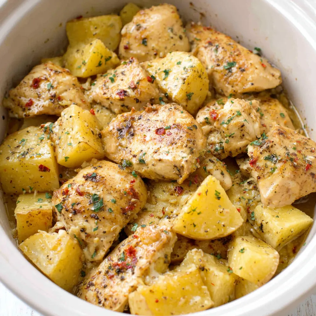 Easy garlic parmesan crockpot chicken and potatoes are shown fully cooked in a slow cooker, ready to serve for a delicious and simple meal.