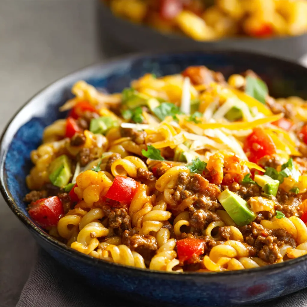 Saucy crockpot taco pasta, a fiesta in every bite, showcases a close-up view of the cheesy, flavorful dish ready to be served, further enticing readers to try this easy and delicious recipe.
