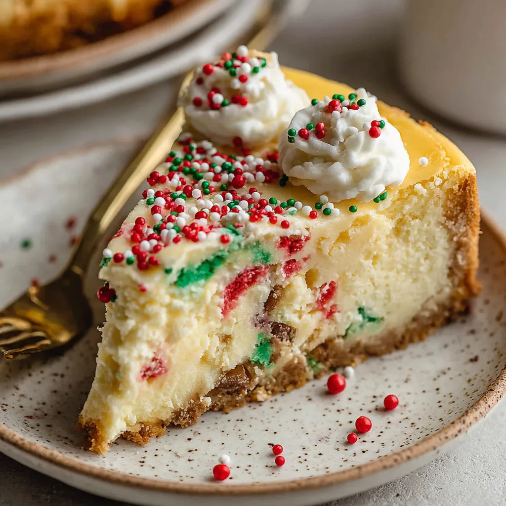 Dreamy sugar cookie cheesecake dessert features a creamy cheesecake layer nestled on a sweet sugar cookie crust, promising a delightful treat.