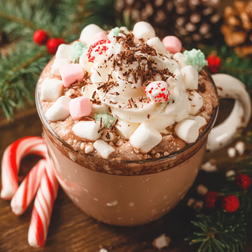 A creamy crockpot hot chocolate, perfect for Christmas Eve, steams invitingly in a festive mug, promising a dreamy holiday treat.