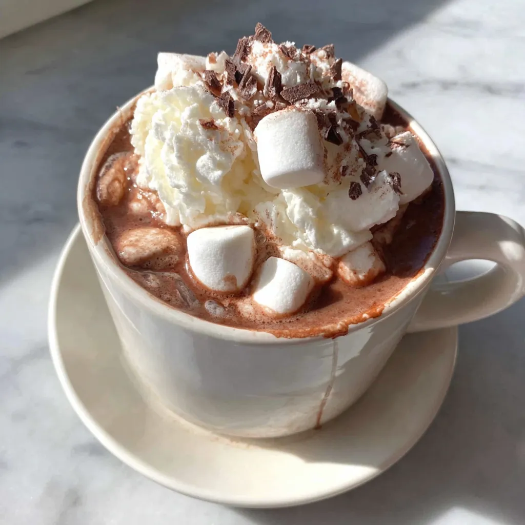 Easy crockpot hot chocolate sits in a white crockpot, promising a dreamy and simple homemade treat.