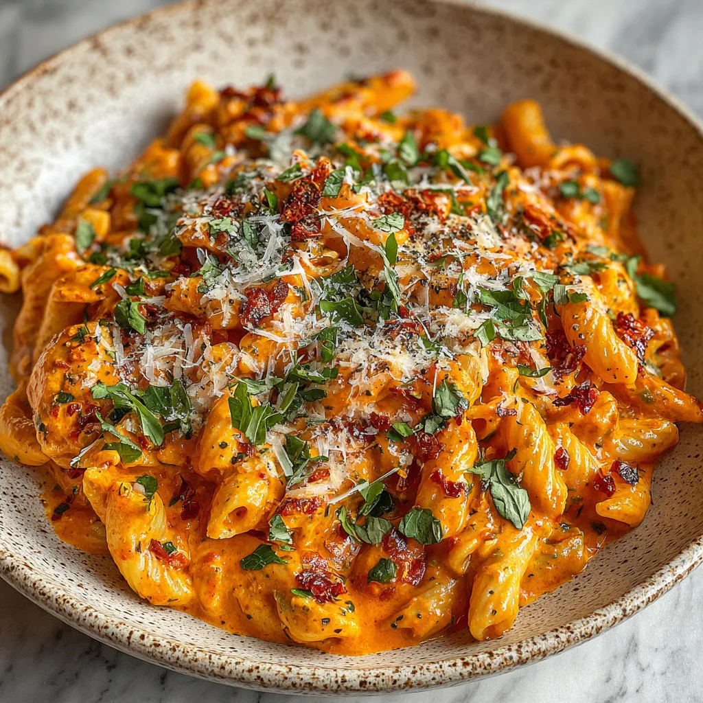 Creamy garlic tomato pasta, a dreamy comfort food, is shown simmering in a pan in this featured image.