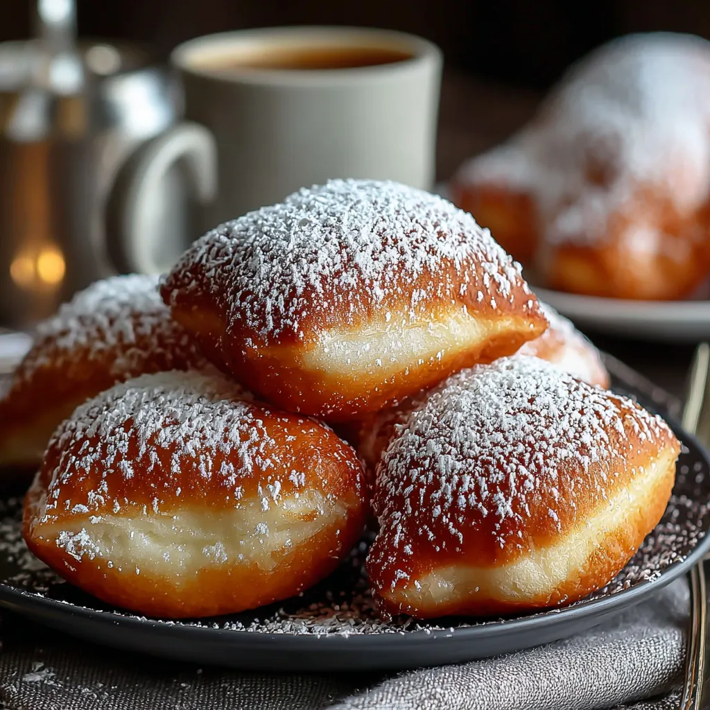 Close-up of freshly fried, golden-brown vanilla French beignets dusted with powdered sugar, illustrating the delicious final product of this easy recipe.
