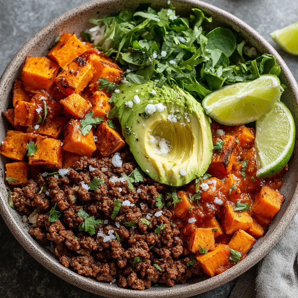 Close-up of a vibrant sweet potato taco bowl showcasing the quick and easy recipe ingredients.