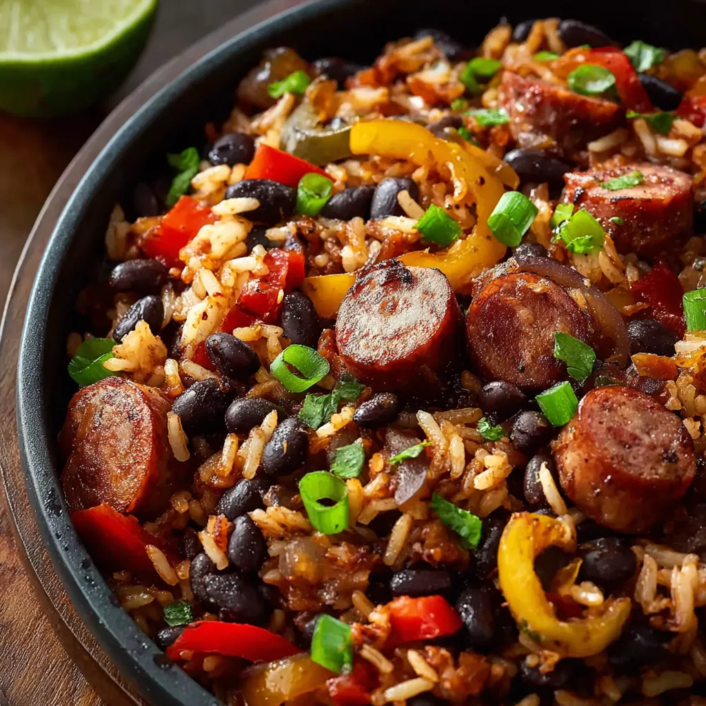 Close-up shot of a flavorful plate of Black Beans And Rice With Sausage, showcasing the delicious textures and colors of the dish.