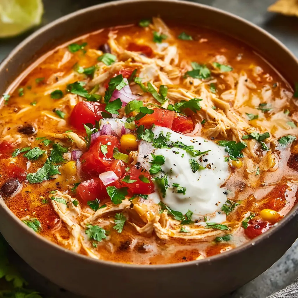 A close-up shot showcases a vibrant bowl of Chicken Taco Soup, highlighting the colorful ingredients.
