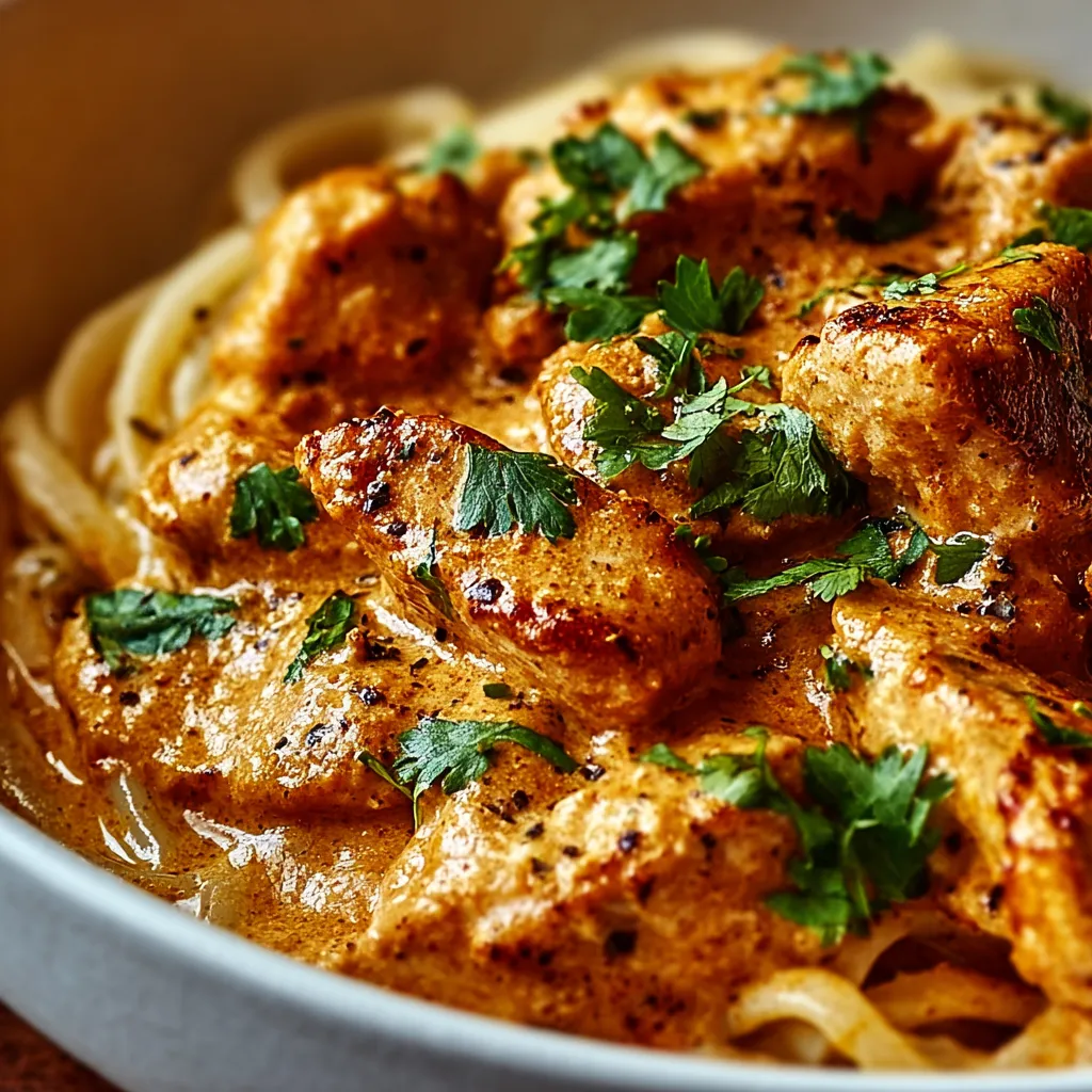 Close-up shot of delicious Cowboy Butter Chicken, showcasing its creamy sauce and flavorful spices.