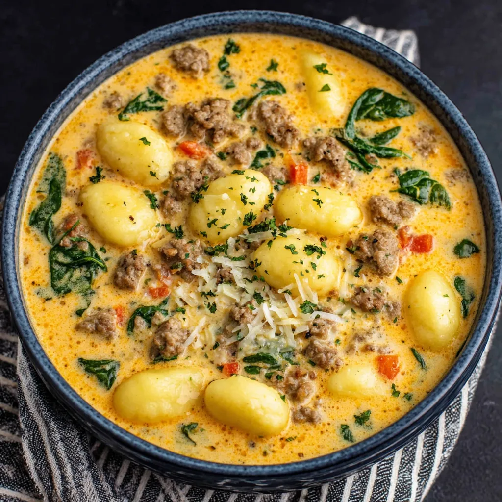 Close-up view of creamy Italian sausage gnocchi soup in a white bowl showcasing the tender gnocchi, browned sausage, and vibrant herbs, perfect for a comforting and easy meal.