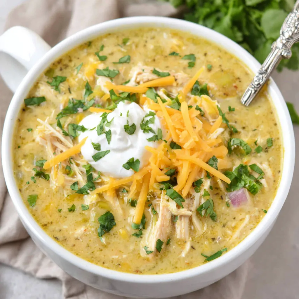 Close-up view of a bowl of easy green chile chicken enchilada soup showcasing the creamy broth, shredded chicken, melted cheese, and colorful toppings.