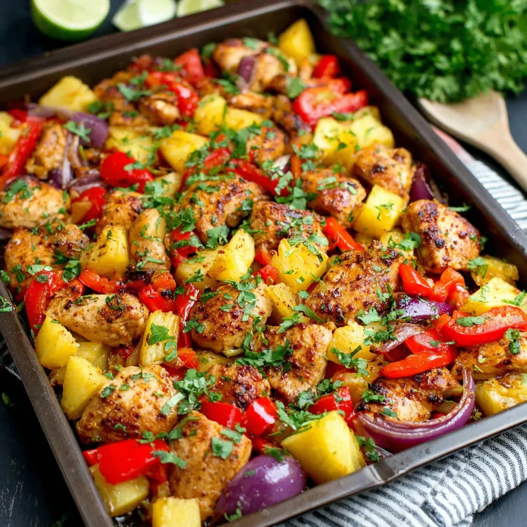 Easy Hawaiian chicken sheet pan recipe shown with pineapple, bell peppers, and red onion, ready to be served.