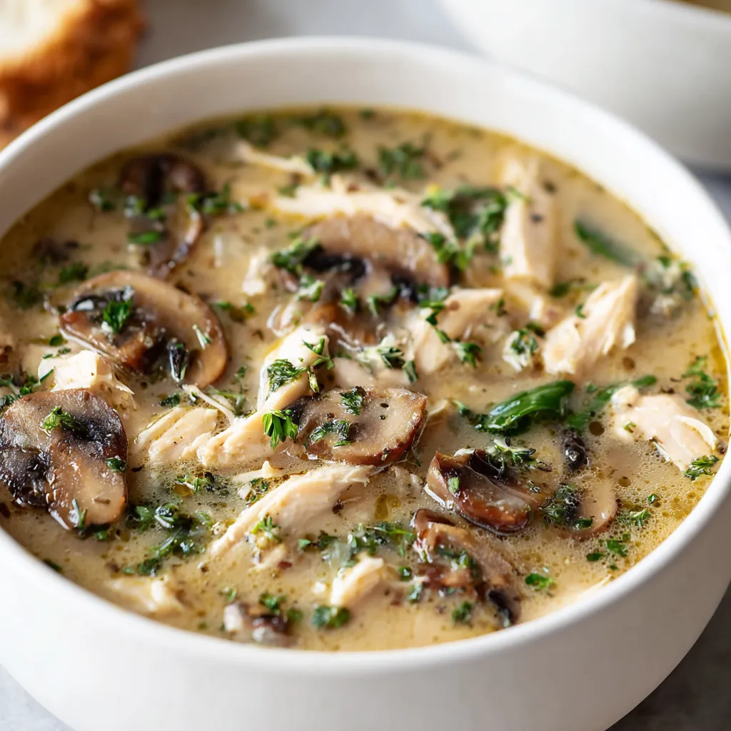 Close-up of creamy Rotisserie Chicken Mushroom Soup served in a bowl.