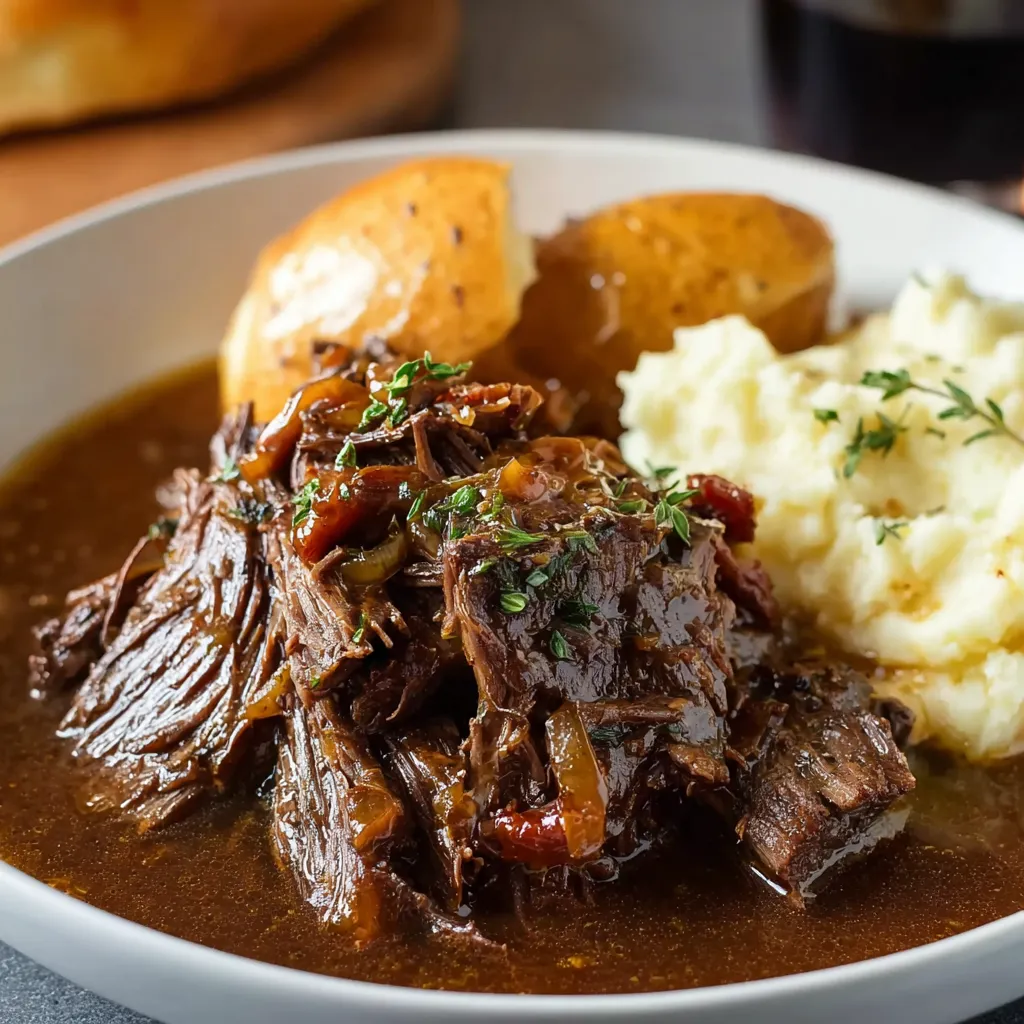 Close-up of a delicious slow cooker beef Manhattan, showcasing the tender beef and savory gravy, perfect for a comforting weeknight meal.