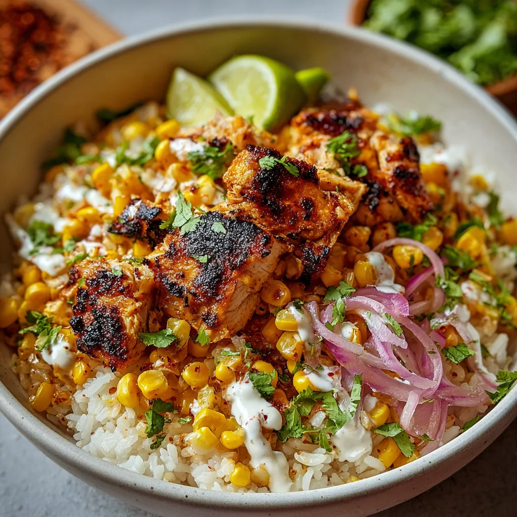 Close-up of a delicious Street Corn Chicken Rice Bowl showcasing its vibrant colors and textures.