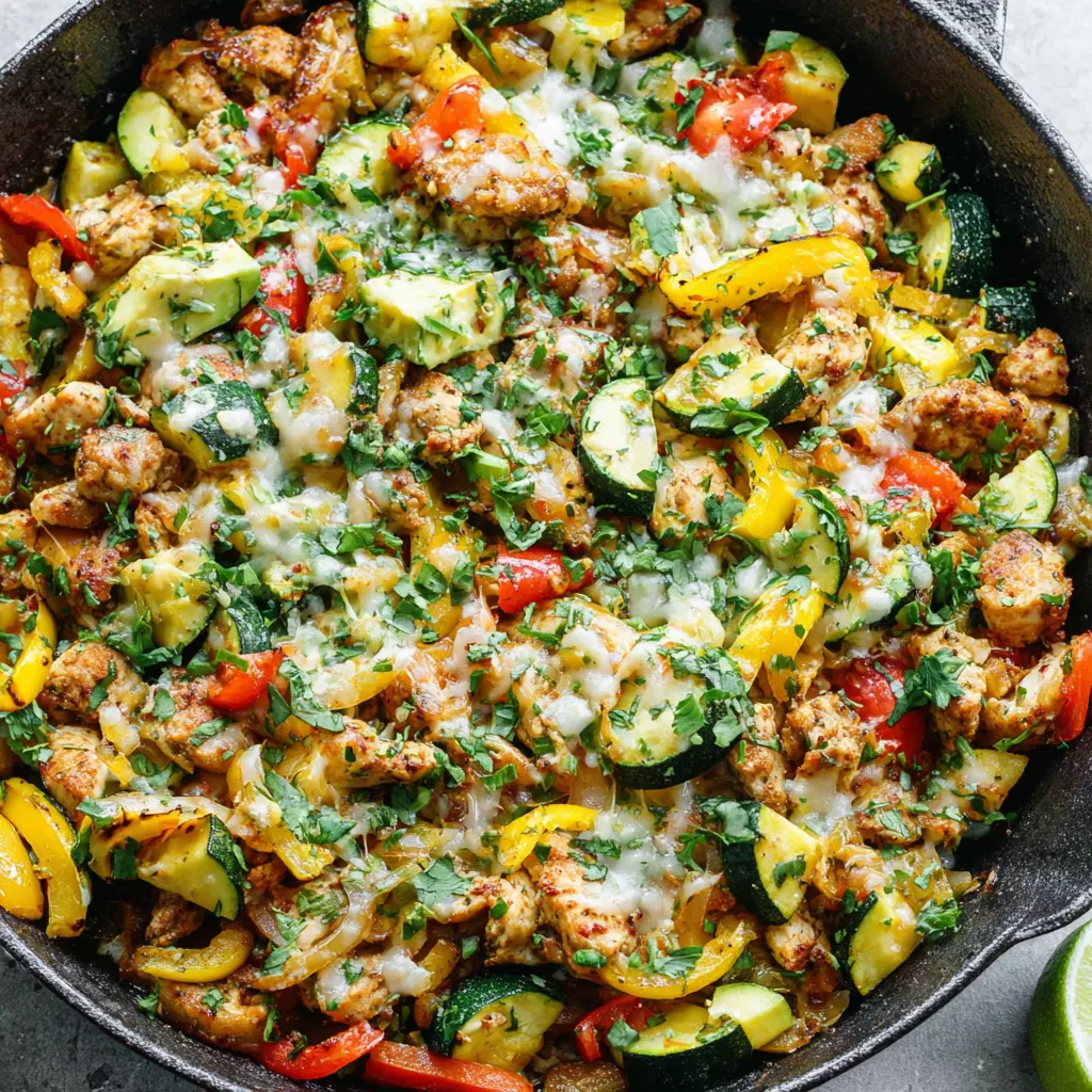 Close-up shot of a delicious Tex Mex Chicken And Zucchini Skillet, showcasing the colorful vegetables and seasoned chicken.