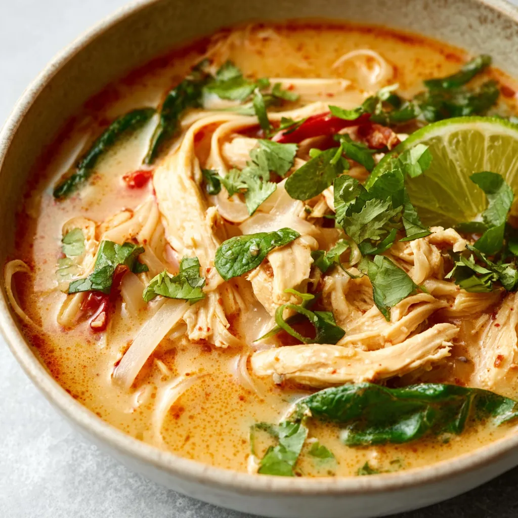 Close-up shows a steaming bowl of flavorful Thai Chicken Soup, ready to eat.