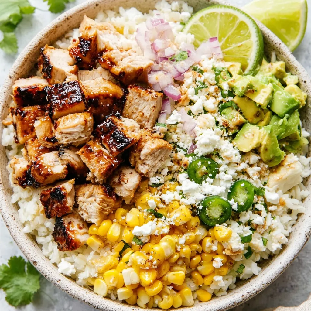 Street Corn Chicken Rice Bowl Recipe: Close-up of delicious, colorful bowl.