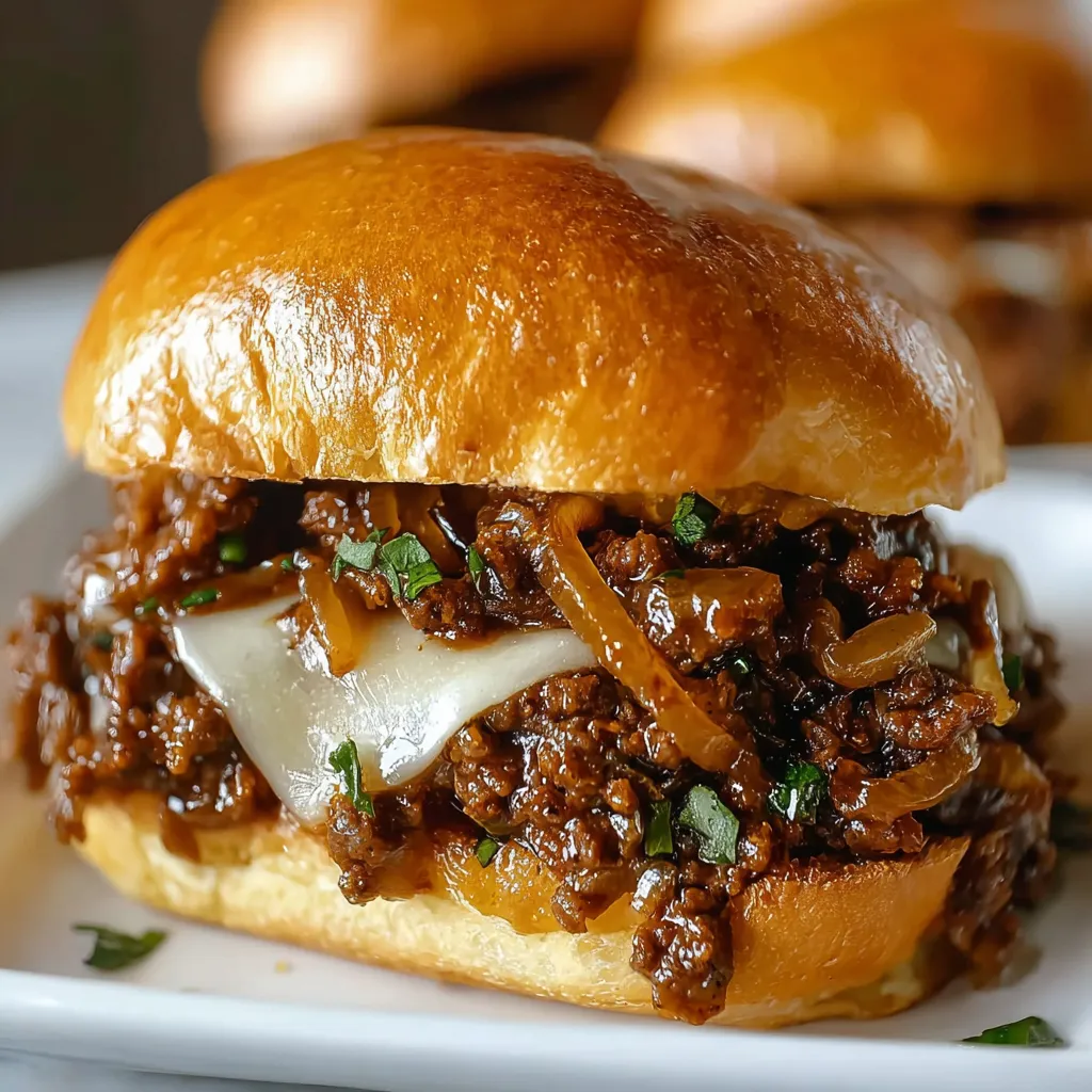 Close-up view of a juicy French Onion Beef Sloppy Joe oozing with melted cheese and caramelized onions, exemplifying the messy perfection of this irresistible sandwich.