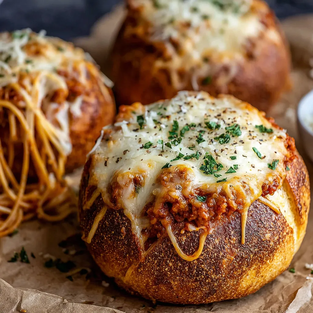 A close-up view showcases a delicious spaghetti filling inside a freshly baked garlic bread bowl, perfectly capturing the carboliciousness of this comforting meal.