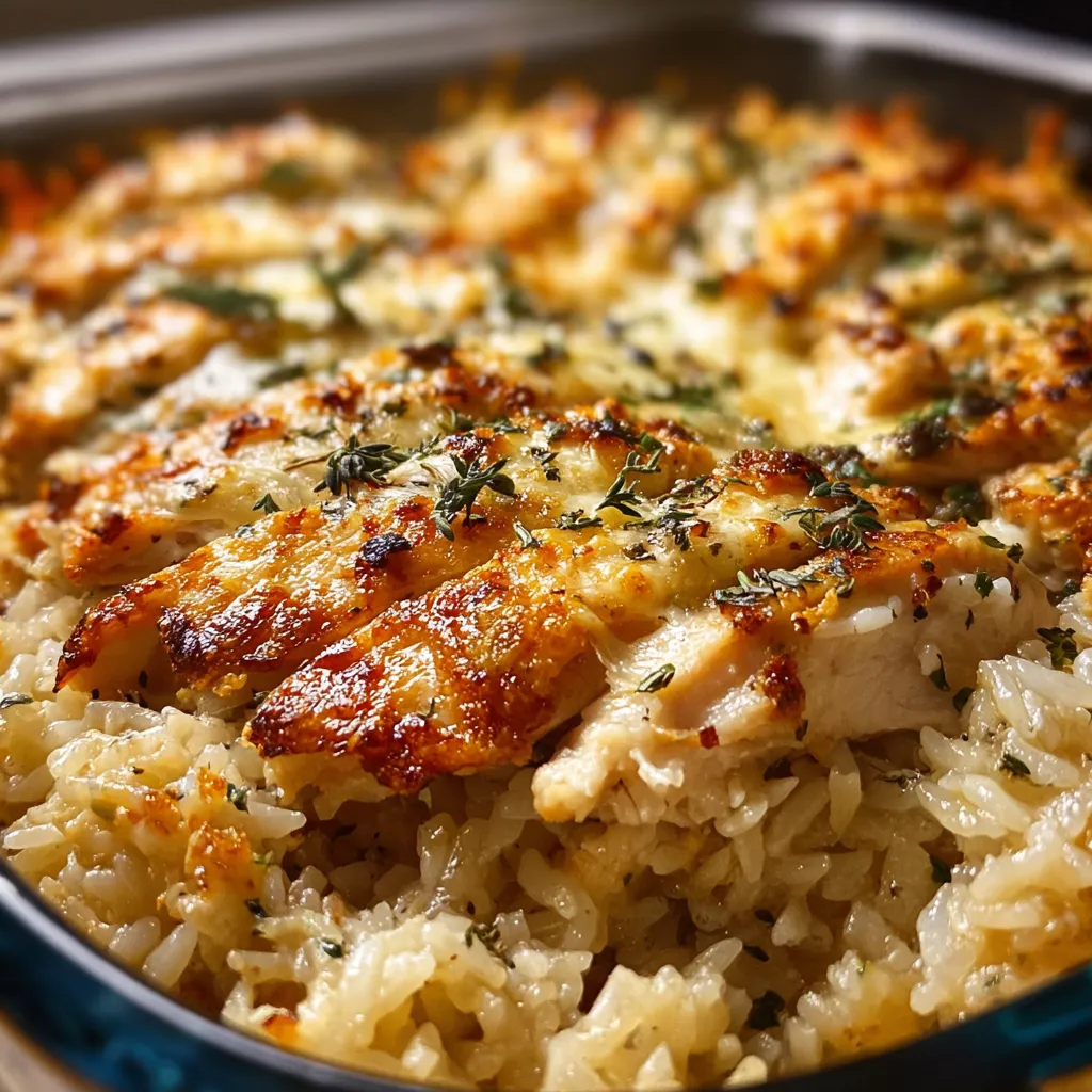 Garlic butter chicken rice casserole, a comforting and flavorful dish, is displayed in a baking dish, ready to be served.