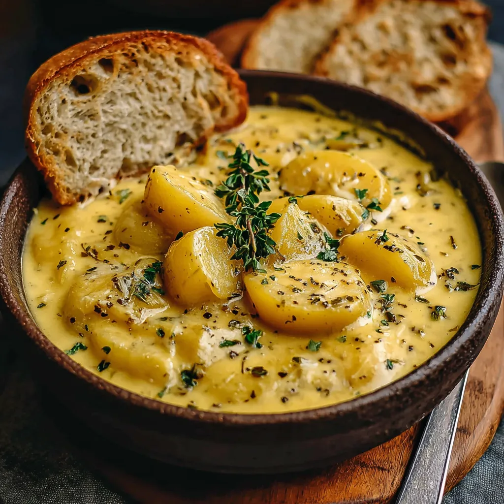 Creamy Cheddar Garlic Herb Potato Soup served in a rustic bowl, showcasing its rich texture and flavorful ingredients.