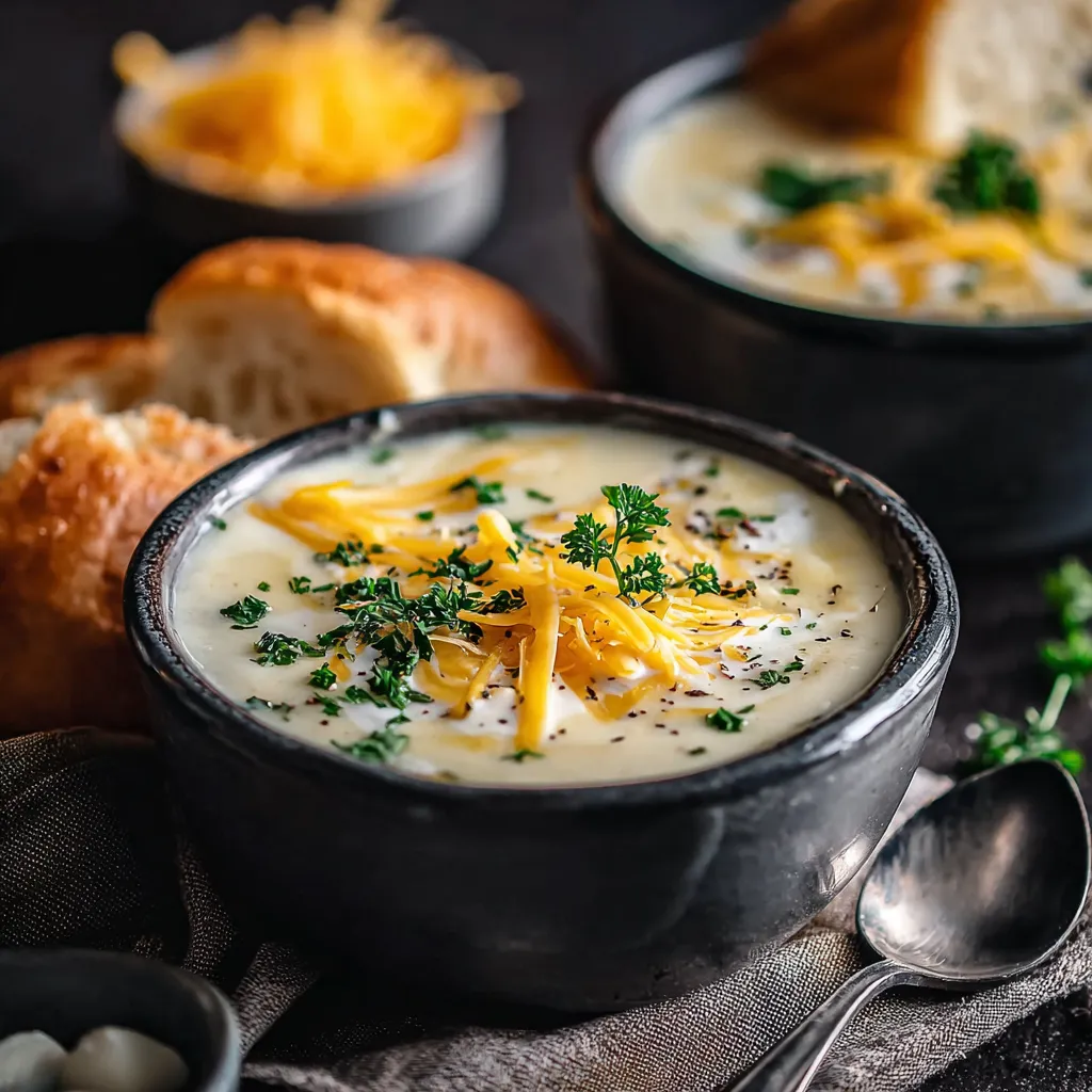 Close-up of creamy garlic cheddar potato soup in a white bowl, showcasing the rich texture and melted cheese.