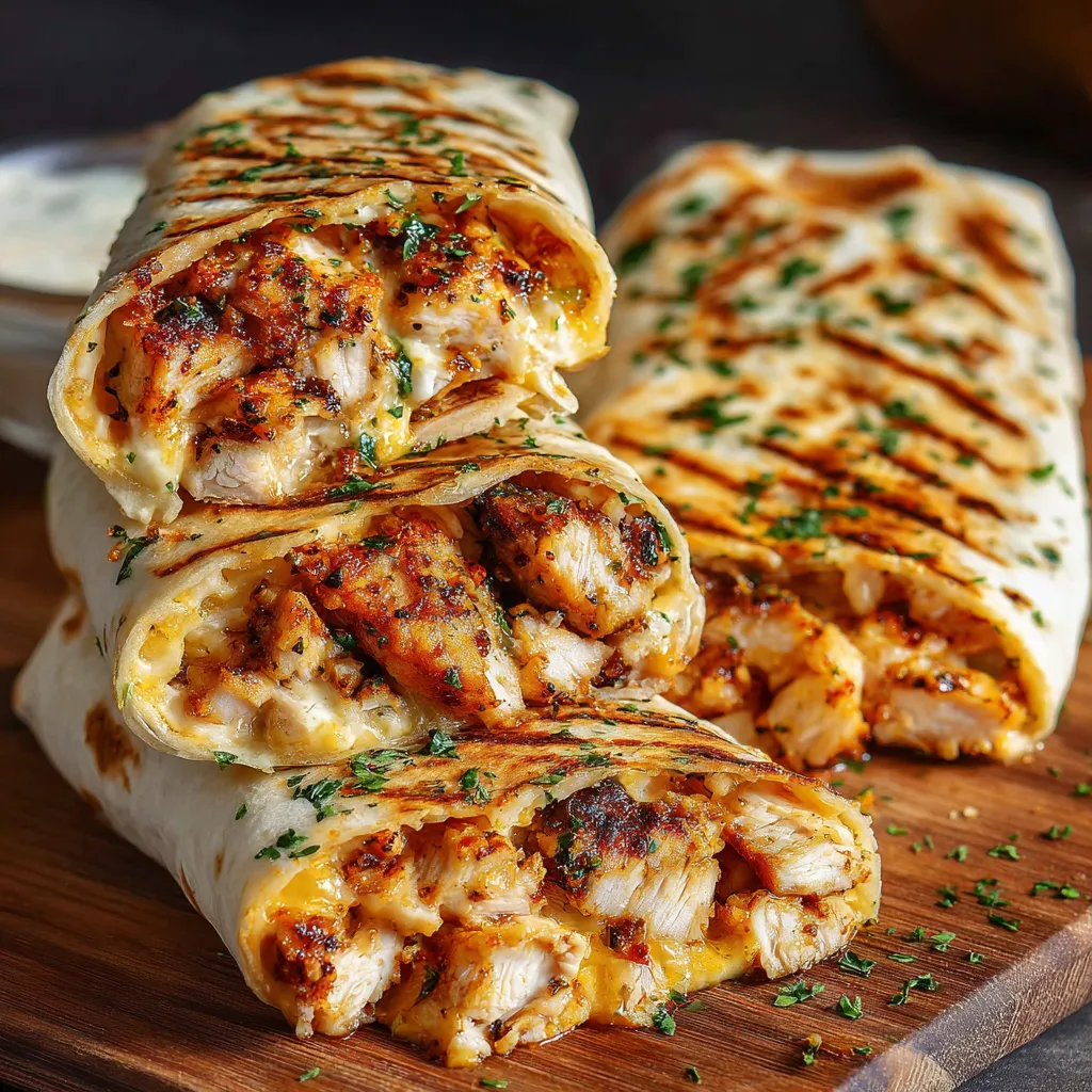 Easy garlic chicken wraps are shown in a close-up image with a white plate.