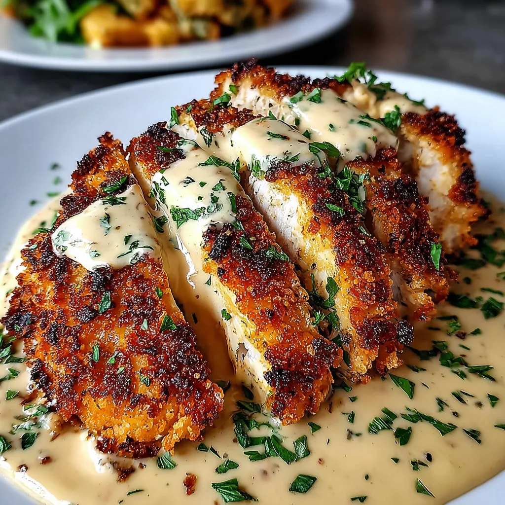 Crispy Parmesan chicken drizzled with dreamy garlic cream sauce, showcasing a delicious and tempting meal option for dinner.