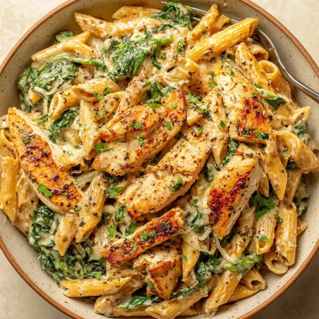 Creamy Garlic Parmesan Chicken Pasta: Close-up of pasta with chicken.