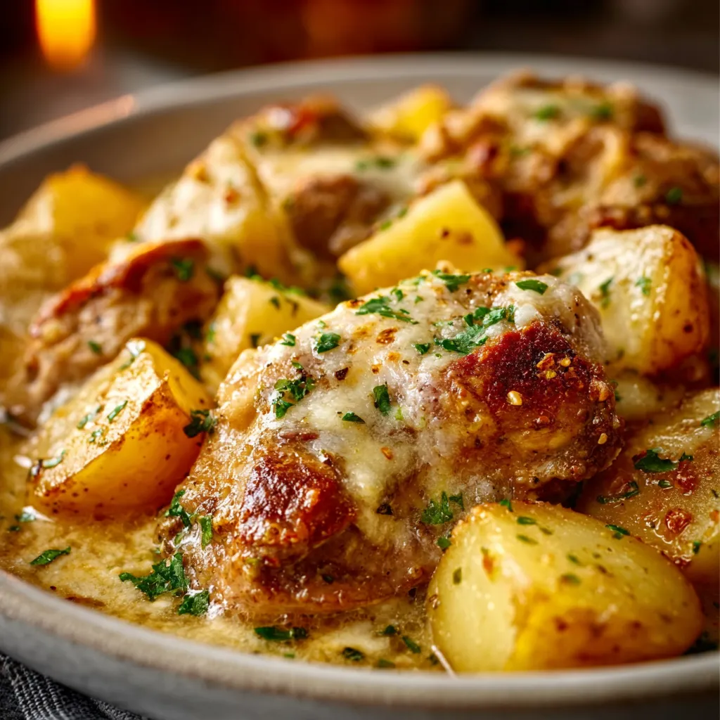 Garlic Parmesan Crockpot Chicken and Potatoes ready to serve, showing tender chicken and golden potatoes coated in a creamy sauce.