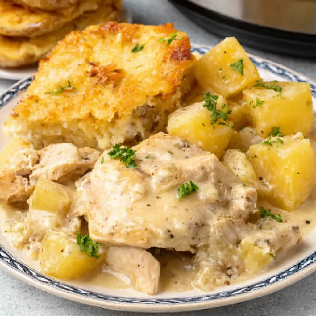 Easy garlic parmesan crockpot chicken and potatoes are shown in a slow cooker, ready to be served.