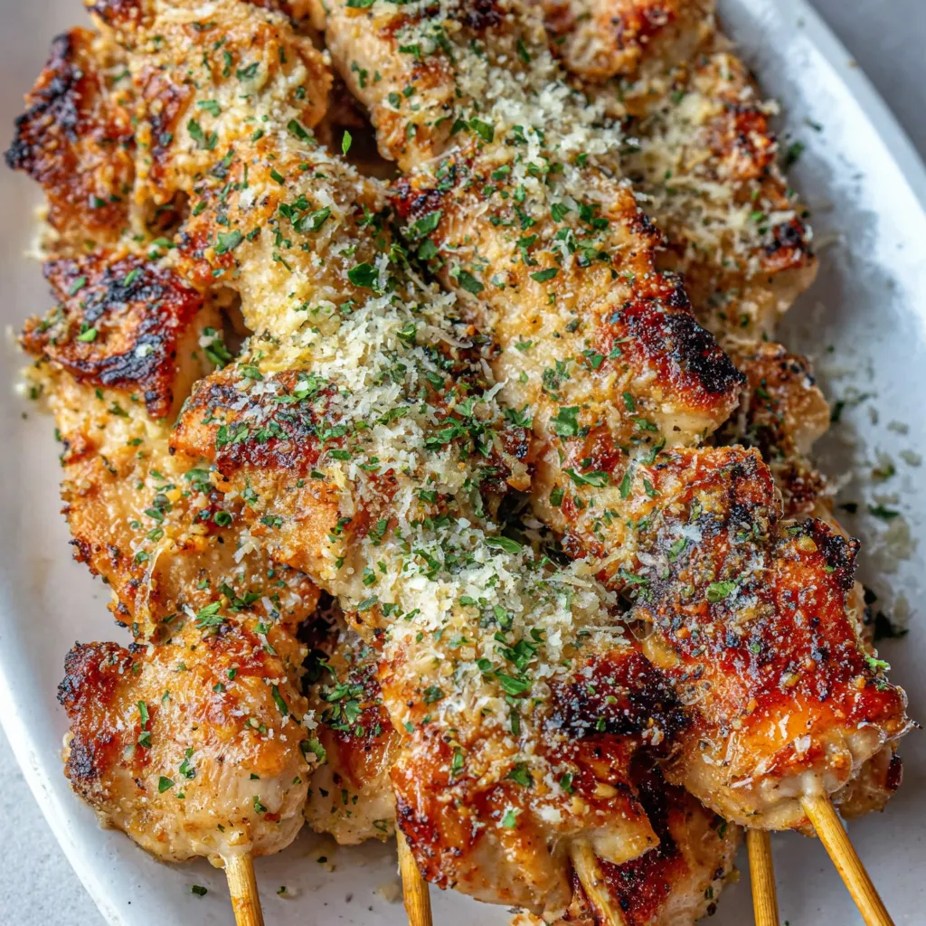 Ranch Garlic Parmesan Chicken Skewers so Easy showing a finished skewer ready to eat.