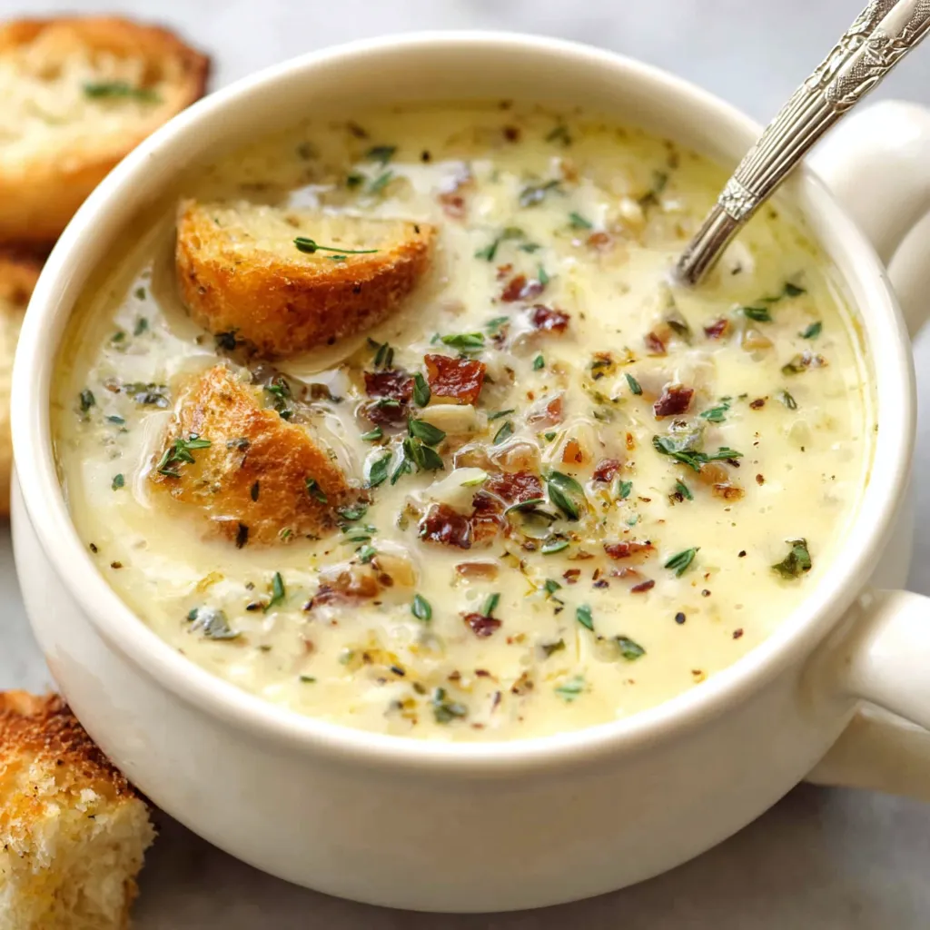 Country French garlic soup in bowl. Rustic, creamy soupe à l'ail recipe.