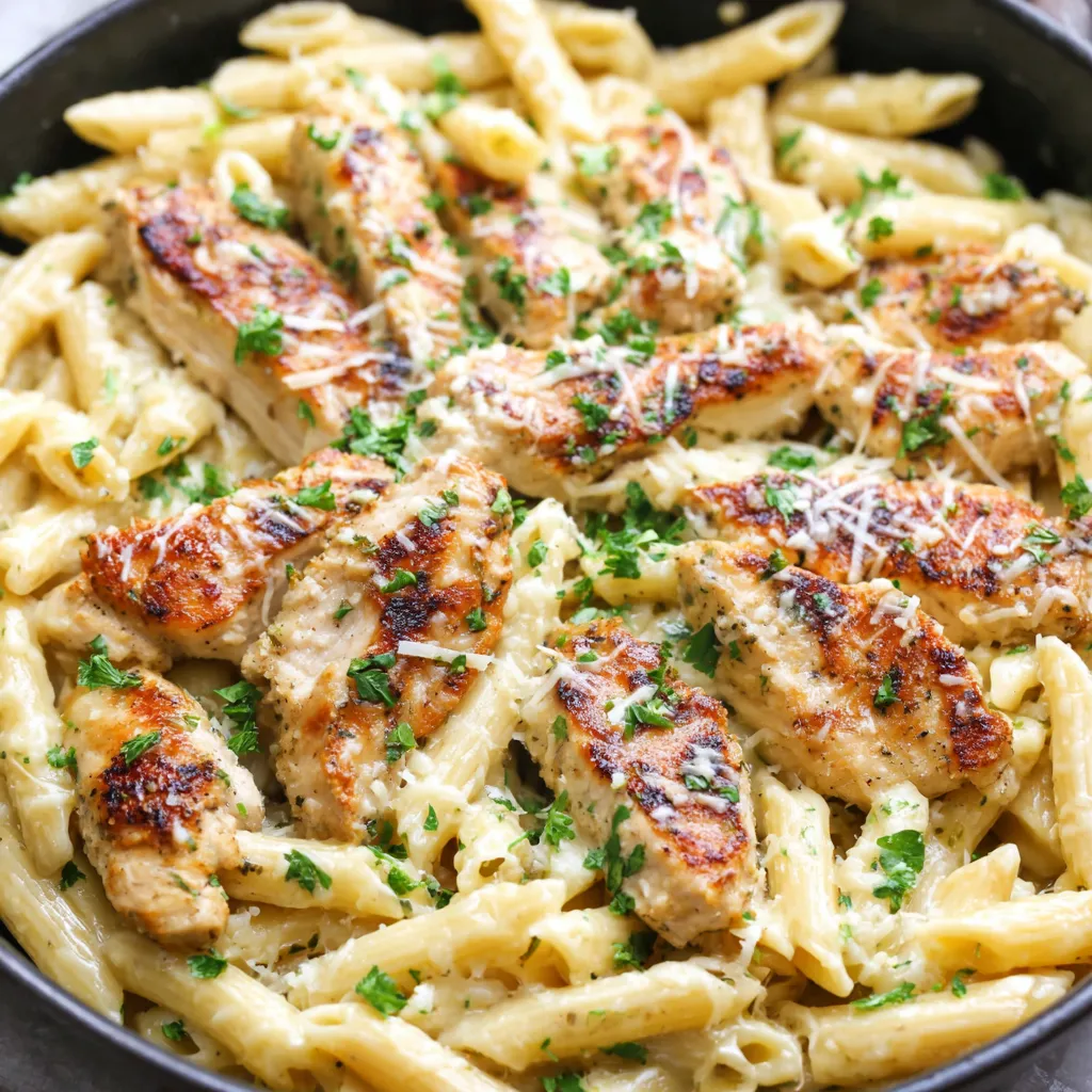 Close-up of delicious and creamy garlic parmesan chicken pasta, showcasing the recipe's easy preparation and healthy ingredients.