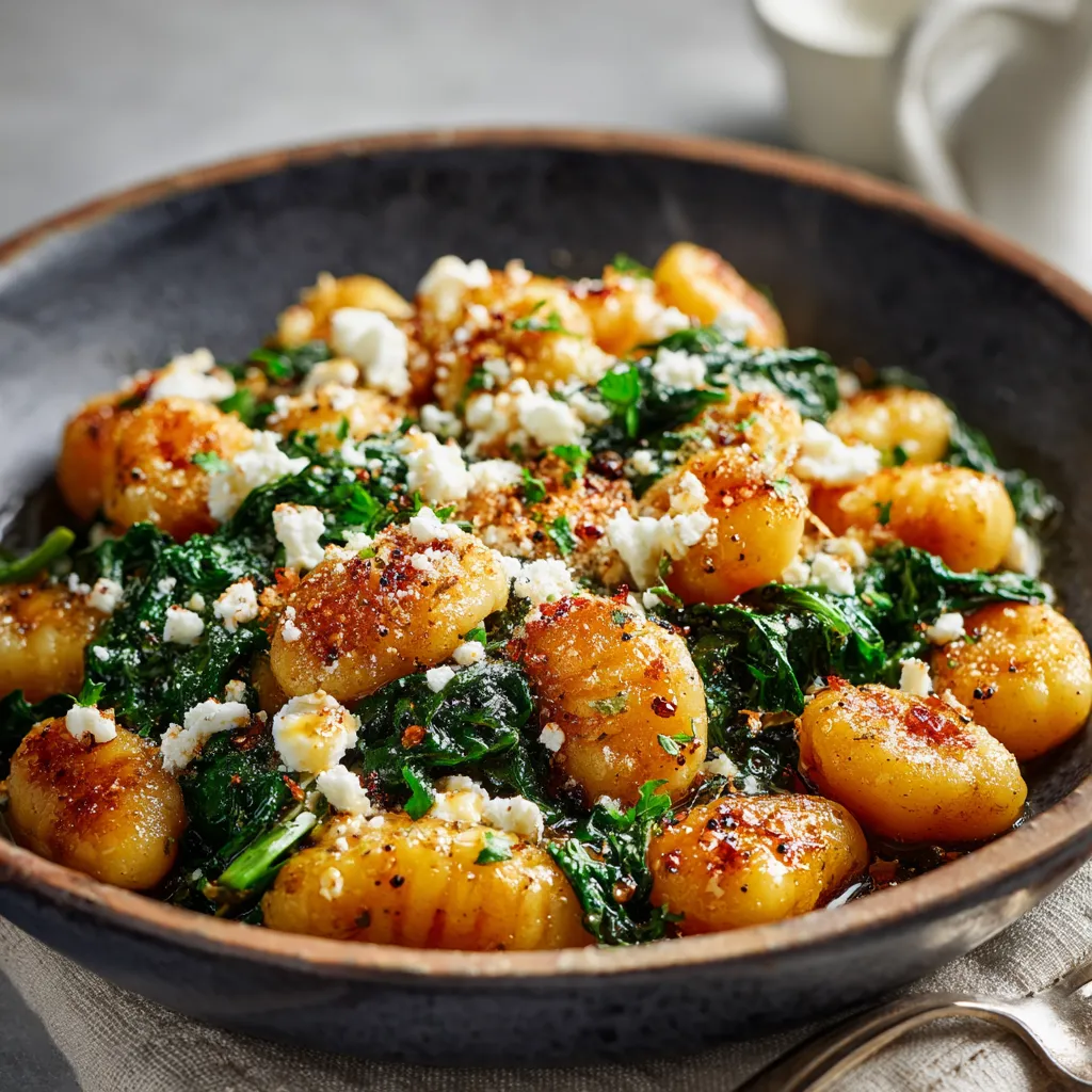 Crispy gnocchi with spinach and feta is shown in a close-up, highlighting the golden-brown gnocchi and vibrant green spinach, illustrating a quick and easy 30-minute recipe.