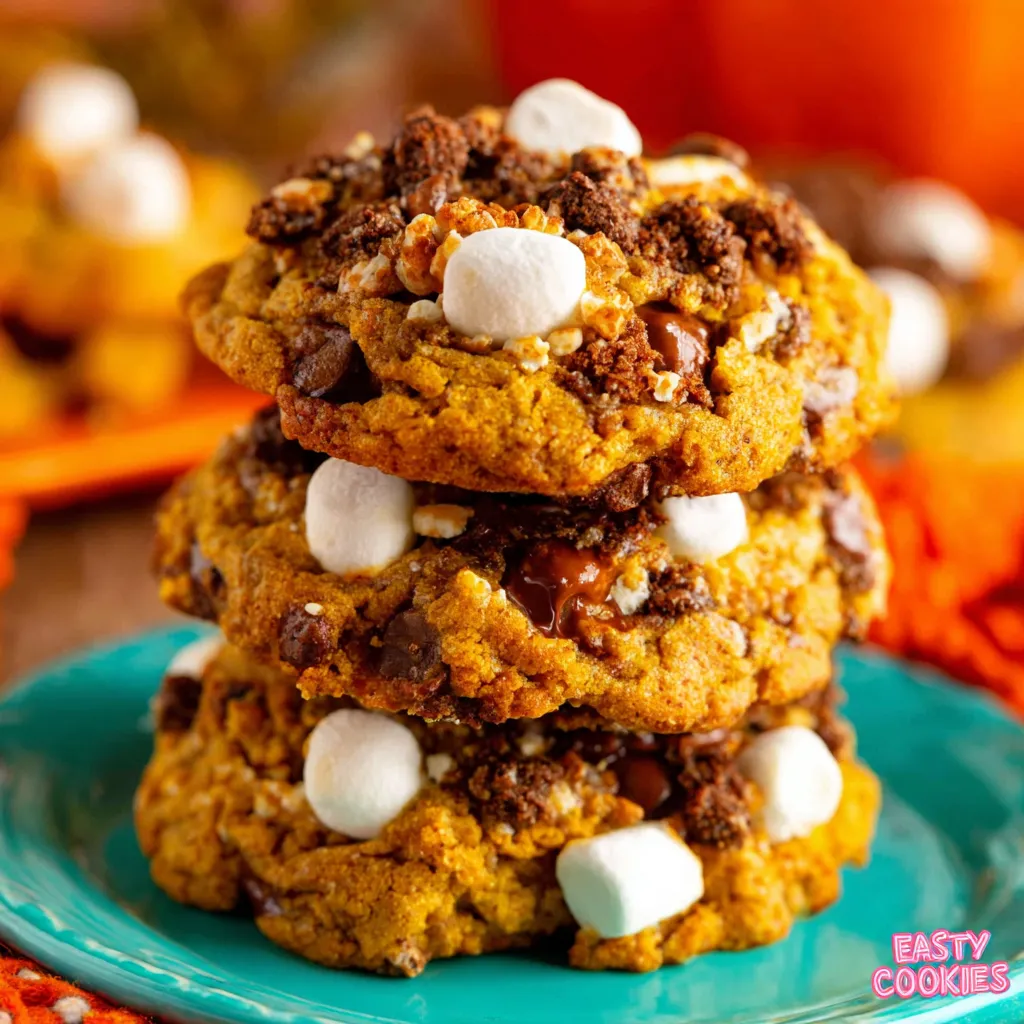 Close-up of gooey pumpkin s'mores cookies showing the melted marshmallows, chocolate chunks, and soft cookie texture, perfect for a fall dessert.