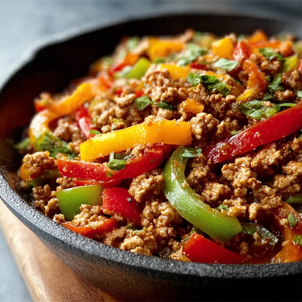Close-up shot of a colorful and delicious Ground Turkey And Peppers Stir-Fry, showcasing the vibrant vegetables and browned ground turkey.