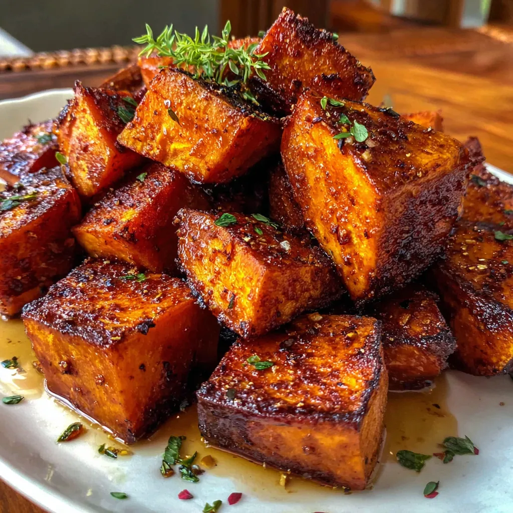 Close-up of cinnamon honey roasted sweet potatoes, highlighting their glistening texture and easy preparation for a delicious side dish.