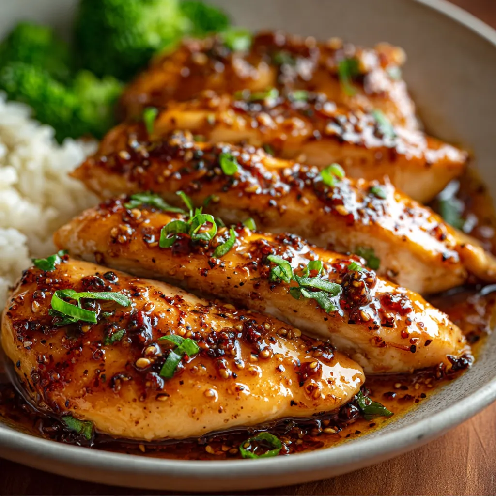 Close-up of glistening Honey Garlic Chicken Breasts, ready to be served as part of a delicious meal.