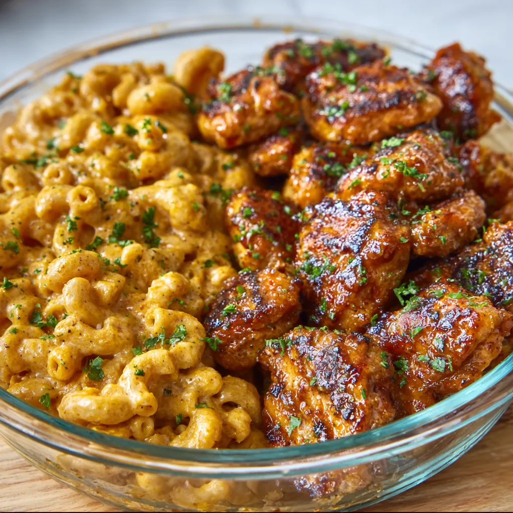 Honey garlic high protein chicken mac and cheese is shown in a close-up image perfect for a second helping.
