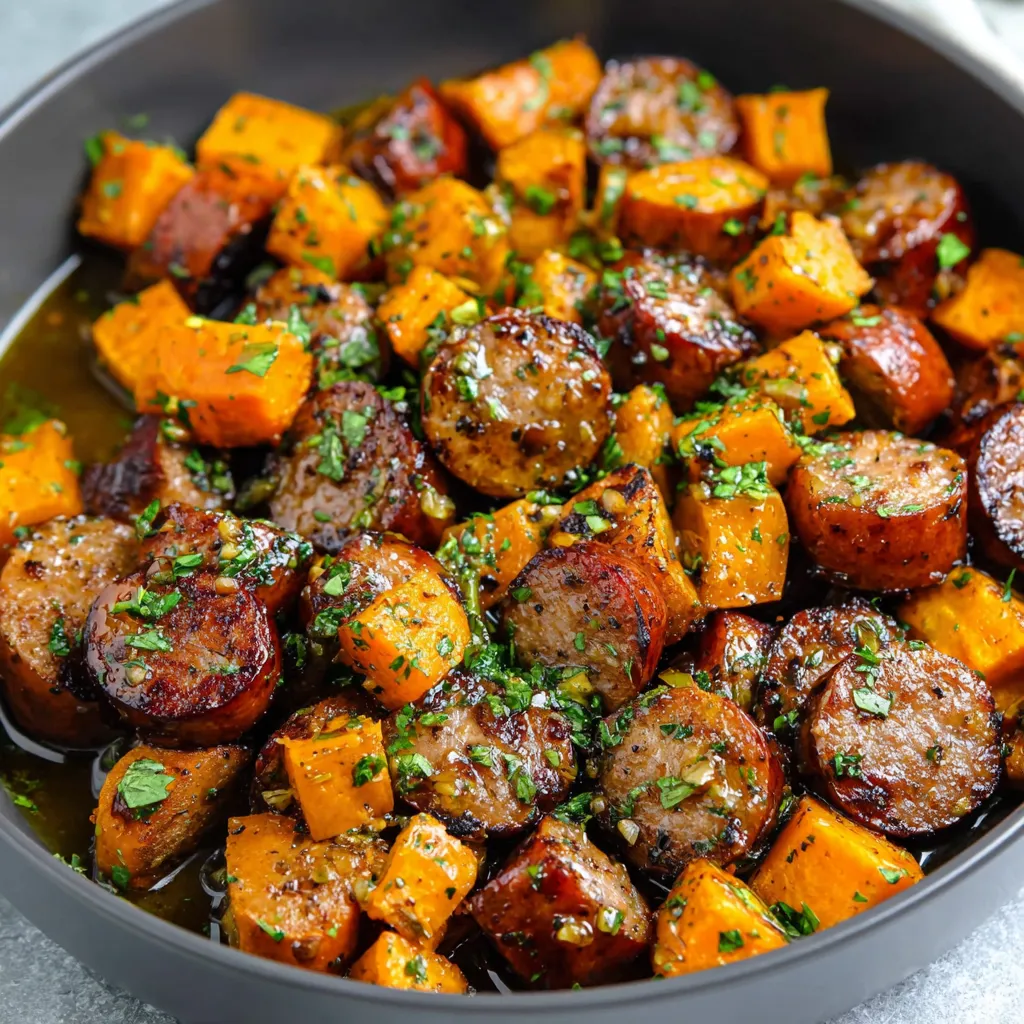 Honey garlic sausage and sweet potatoes are shown cooked and ready to eat in this additional recipe image.