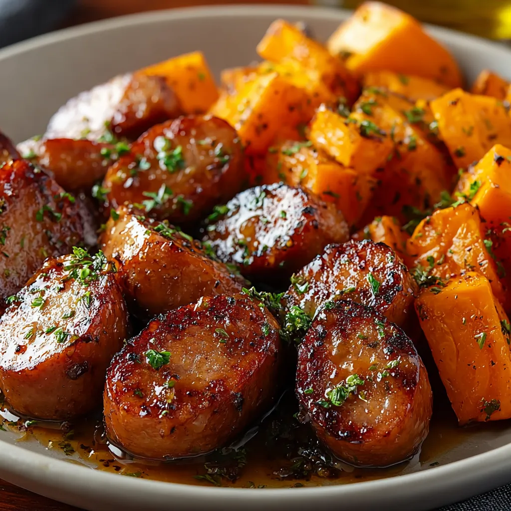 One pan honey garlic sausage and sweet potatoes recipe is shown in a second image.
