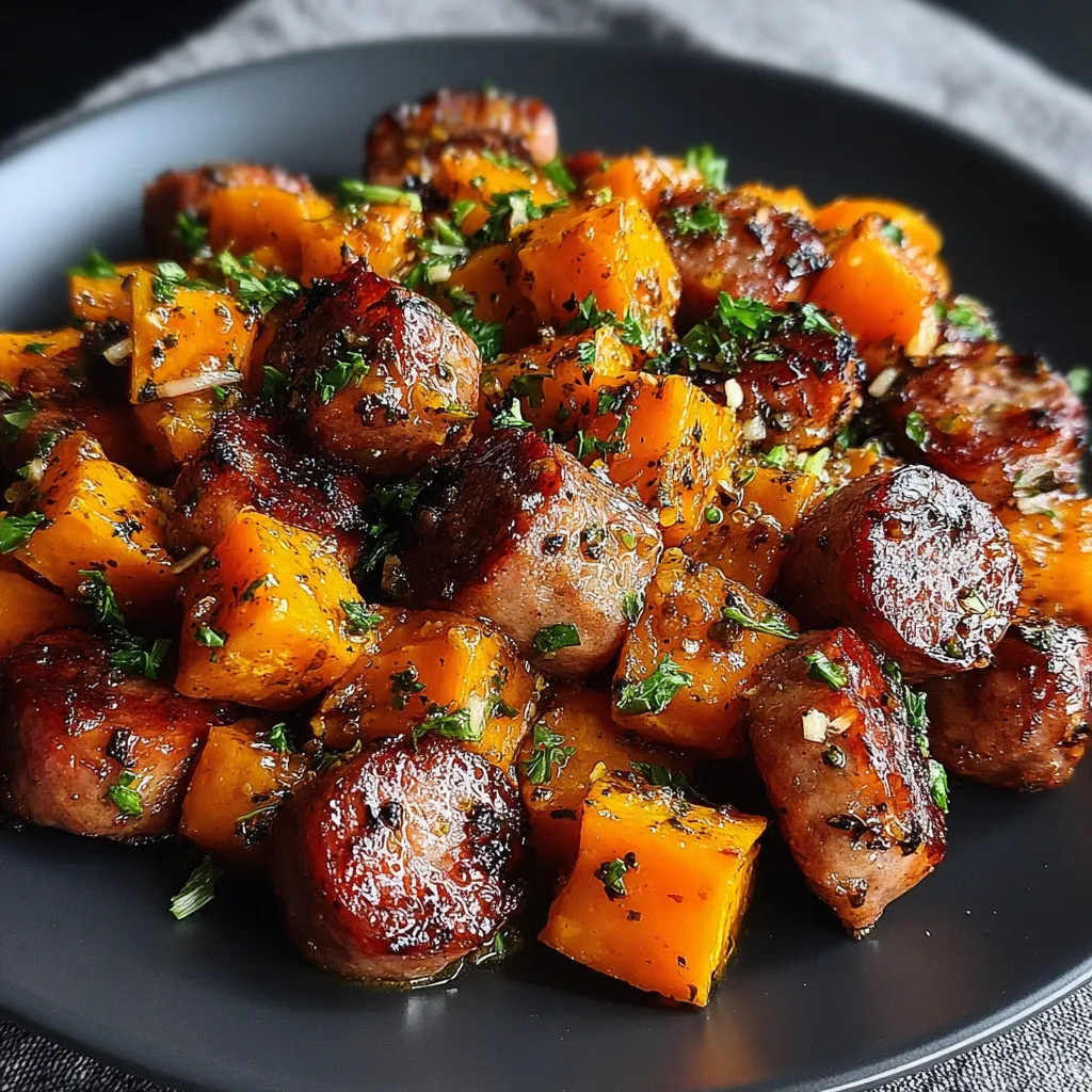 Sheet pan sausage and sweet potatoes are drizzled with a honey garlic sauce, showcasing the finished dish.